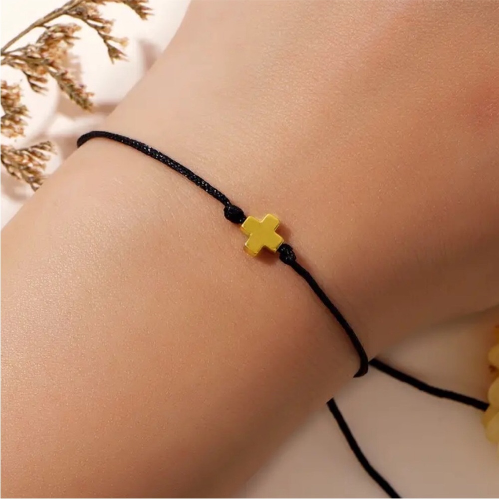Minimal Gold Cross Bracelet on Black Cord